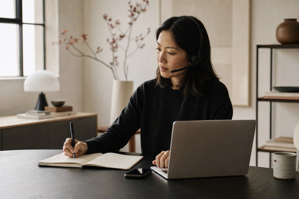 A founder taking notes during a focused sales conversation