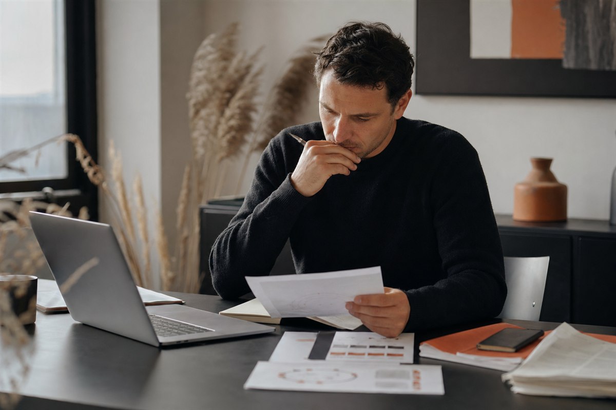 A founder reviewing sales notes and pipeline materials at a desk