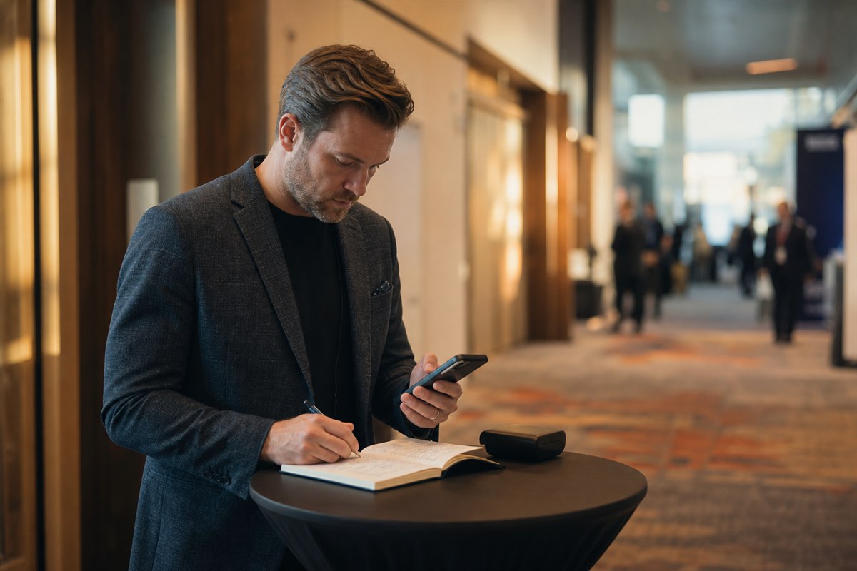 A business owner reviewing follow-up notes after a conference